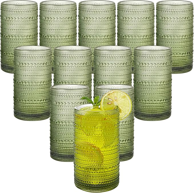16oz Green Hobnail Drinking Glasses by HEFBCOMK