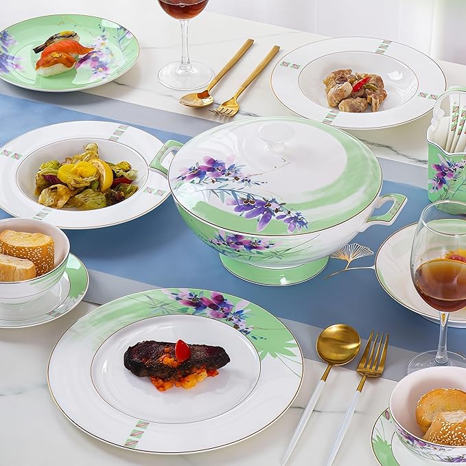 50 Pcs Fine Bone China Dinnerware Set, Porcelain & Ceramic Dinnerware Sets, Bone Stoneware & Ceramic Cookware Tableware Set Includes Dinner Plates|Spoons|Pasta Bowls|Soup Pot|Chopsticks