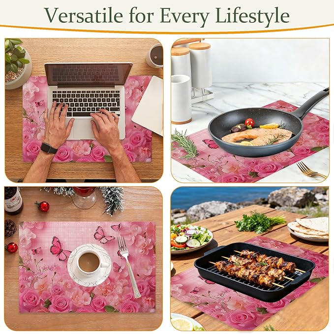 Table Placemats Set of 6,Spring Flowers Cloth Placemats,Pink Butterfly Rose Floral Heat-Resistant Table Mats for Kitchen Dining Room Decoration,Non-Slip Fabric Place Mats 11.8x17.7 Inch