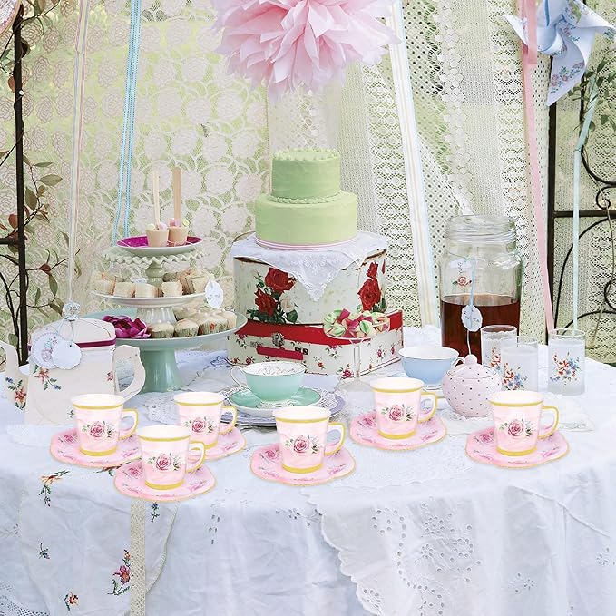 50 Pcs Paper Tea Cups and Plates Pink Floral Disposable Paper Teacups and - Image 7