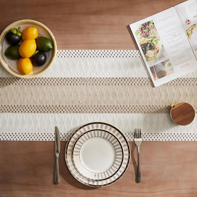 Macrame Style Bicolor Stitching Table Runner 14x90in Taupe | Woven Boho Table - Image 4