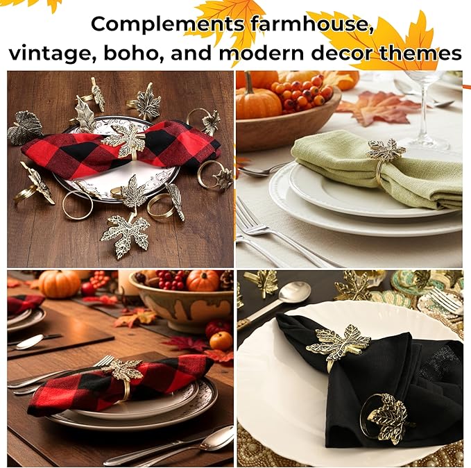 ALPHA Living HOME Rustic Napkin Rings Set of 12 - Elegant Leaf Napkin Holders for Dining Table, Wedding, Party, Holiday & Everyday Use - Handmade Decorative Table Accessories (Antique Gold)