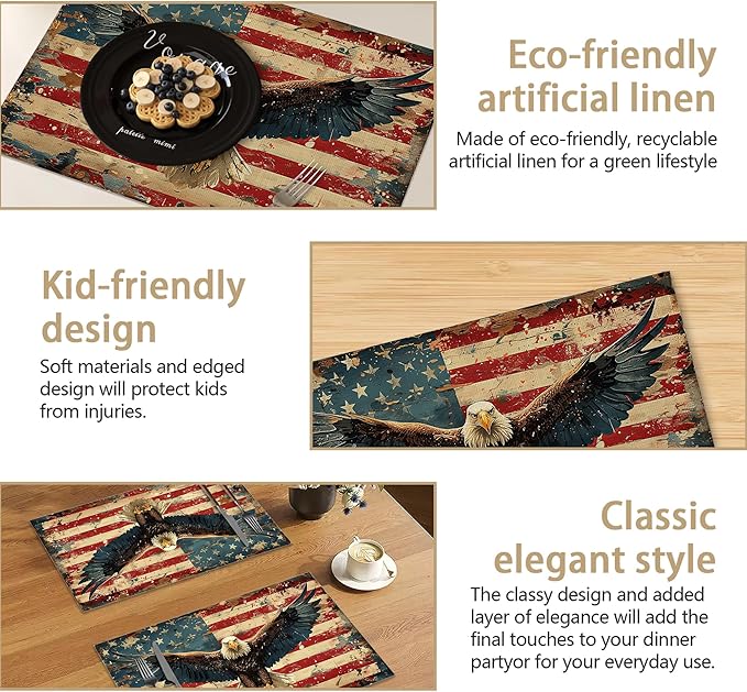 American Flag 12x18 Inch Placemats Set of 6 - Waterproof, Retro Eagle Non-Slip & Washable Table Mats for Kitchen & Dining Table Placemats