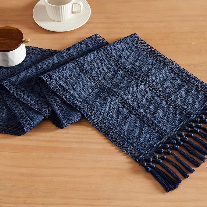 Macrame Style Boho Table Runner, 12x36 Inch Navy Blue | Woven Boho Table Runner by ZEEMARTONLINE