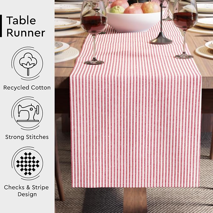 Encasa XO Table Runner, Woven Cotton Dining Runner 13"x59" | Ticking Red - Image 3