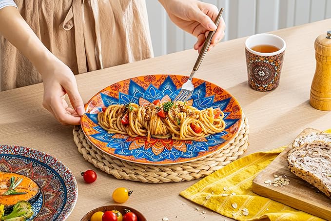 UNK U Melamine Dinner Plates Set of 6, 10.5 Inch Bohemian Plates in 6 Vibrant Colors, Unbreakable Dinner Plates for Kitchen, Weddings, Birthdays, Entertaining, Dishwasher Safe