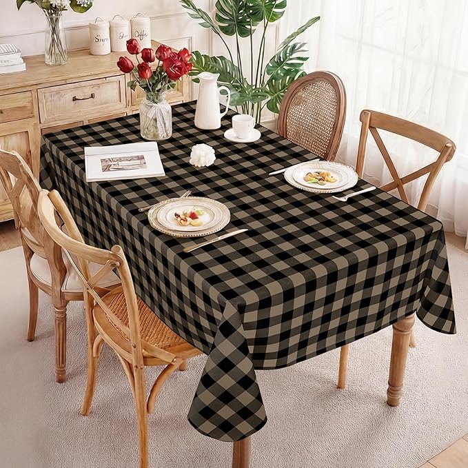 misaya Rectangle Waterproof Vinyl Table Cloth, Buffalo Flannel Backed Tablecloth, Wipeable Plastic Table Cover for Dinner, Kitchen, Outdoor (52" x 70", Black and Khaki)