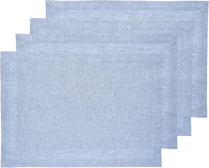 Solino Home Linen Cloth Placemats Set of 4-100% Pure Linen Chambray Blue Placemats 14 x 19 Inch - Athena - Winter, Spring, Easter