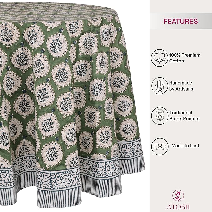 ATOSII Kari Green 100% Cotton Round Boho Spring Summer Tablecloth, Block Print Floral Table Cloth Linen for Dining, Parties, Weddings, OutdoorsI Home Table Decor 90" Inches Round