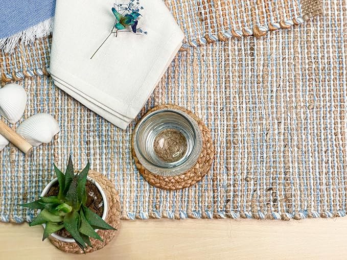 Natural Jute Table Runner, 13x36 Inch, Sky Blue-White | Vintage Boho Rustic - Image 7
