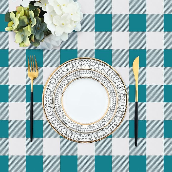 misaya Rectangle Waterproof Vinyl Table Cloth, Buffalo Flannel Backed Tablecloth, Wipeable Plastic Table Cover for Dinner, Kitchen, Outdoor (60" x 120", Turquoise and White)