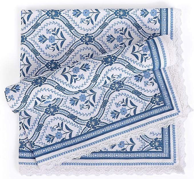 FINGERCRAFT Dinner Cloth Napkin Cotton Linen Blend 4 Pack Mitered Corners with Elegant Lace for Everyday Use Napkins are Pre Shrunk and Good Absorbency (Damask, 20in x 20in)