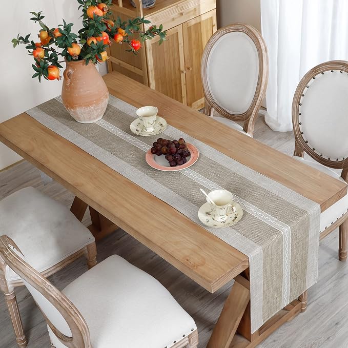 NEWISHER Farmhouse Braided Striped Embroidery Table Runner 108 inches Brown | - Image 2