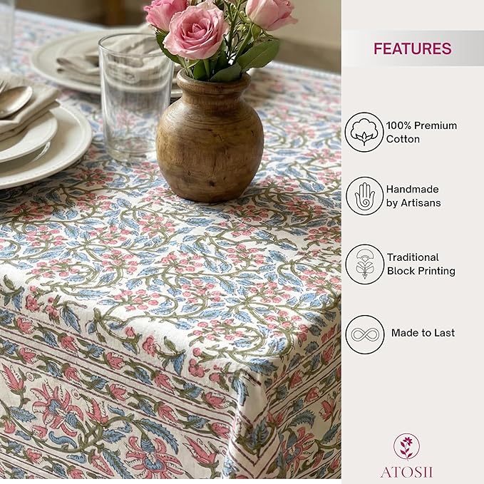ATOSII Kalina 100% Cotton Rectangle Tablecloth, Handblock Floral Linen Table Cloth for Kitchen Dining Table I Parties Wedding Outdoors I Home Decor 60 X 90 Inches