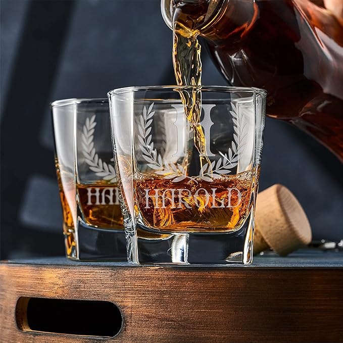 Customization Mill Single, Monogrammed Whiskey Rocks Glasses w/Name & Initial - Whiskey Gifts for Men - 9 Designs - Personalized Bourbon Whiskey Glasses