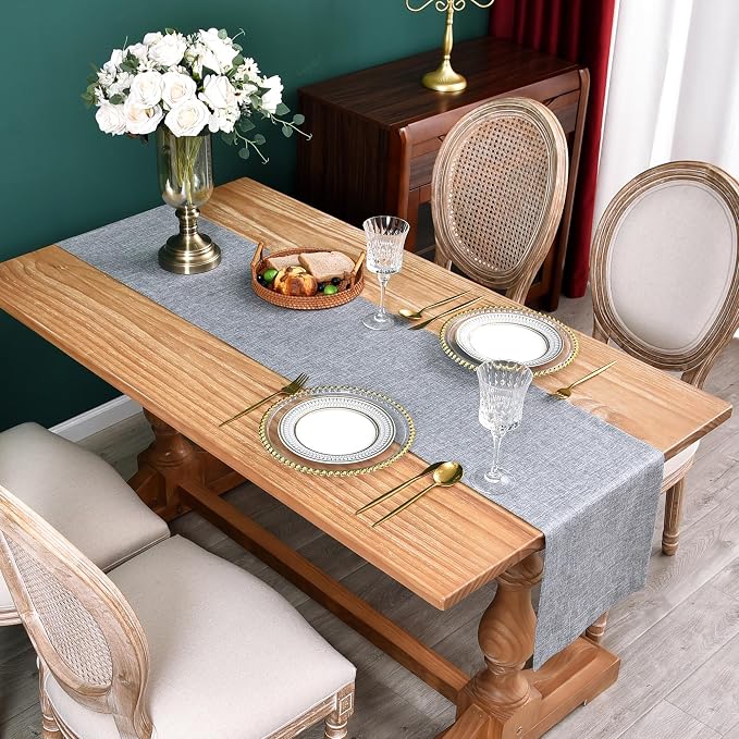NEWISHER Farmhouse Rustic Faux Linen Solid Grey Table Runner 13x72inch | Grey - Image 2