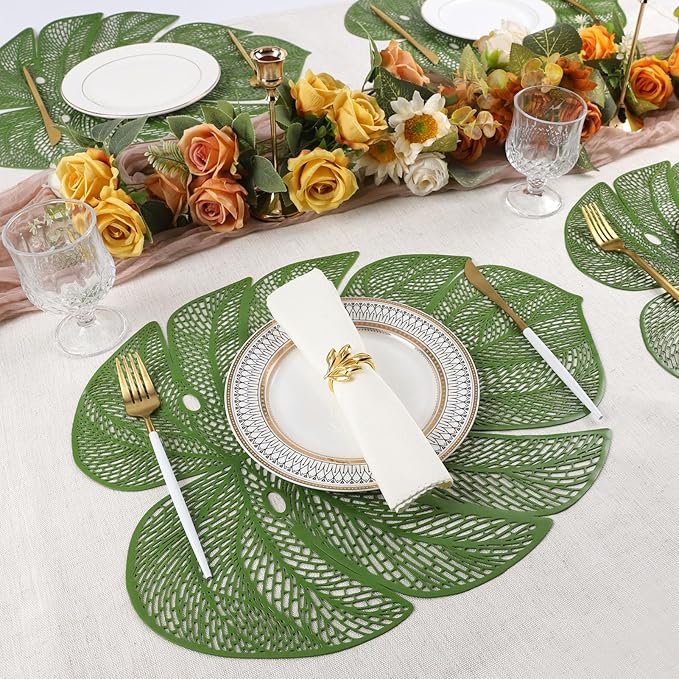 Evevda Green Leaf Shaped Vinyl Placemats for Dinner Table Set of 8 Plastic Green Place Mats Wipeable 8Pcs Table Mats for Wedding Annersary Dinner Table Decoration Mats