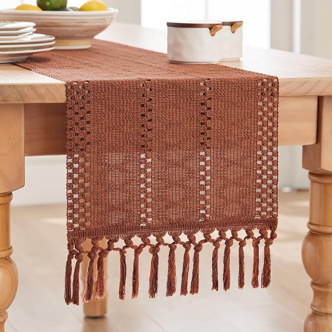 Macrame Style Boho Table Runner, 12x36 Inch Terracotta | Woven Boho Table Runner - Image 7
