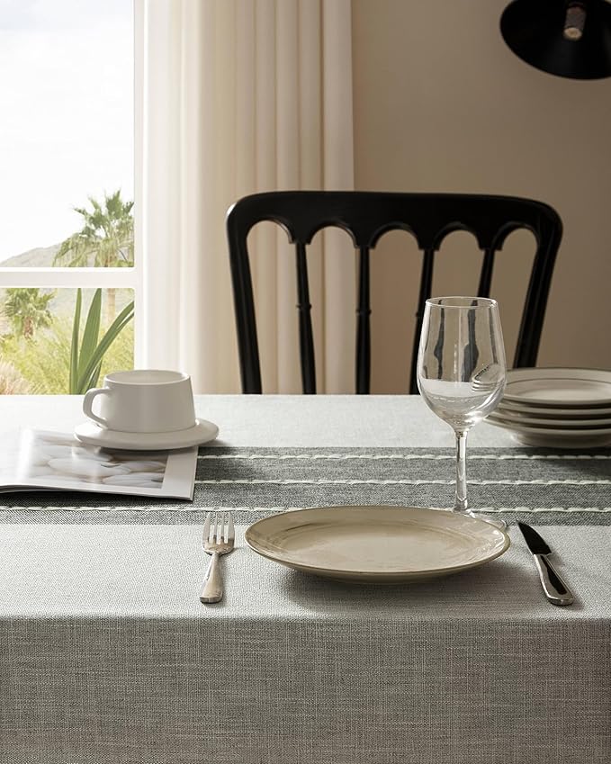ZeeMart Contrast Linen Table Cloth Rectangle Table Cloths 60x104 Inch Grey, Farmhouse Style Heavy Weight Grey Tablecloth, Water Resistant Burlap Tablecloths