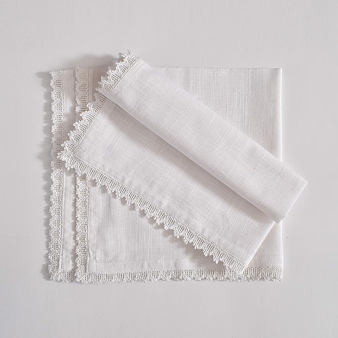 FINGERCRAFT Dinner Cloth Napkin Cotton Linen 12 Pack Vintage Rustic Premium Quality Mitered Corners Napkin Cloth with Elegant Lace for Everyday Use Pre Shrunk and Good Absorbency 20x20 in White