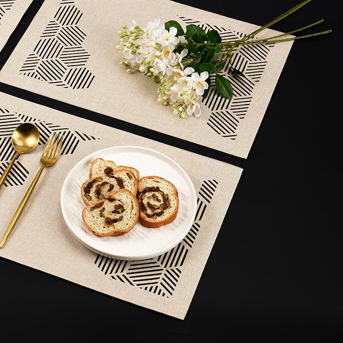 Decorative Placemats Set of 6 for Dining Table, Cloth Placemats with Hollow Design Table Cloth Set, Table Mats for Dining Table 12"x18" Sand