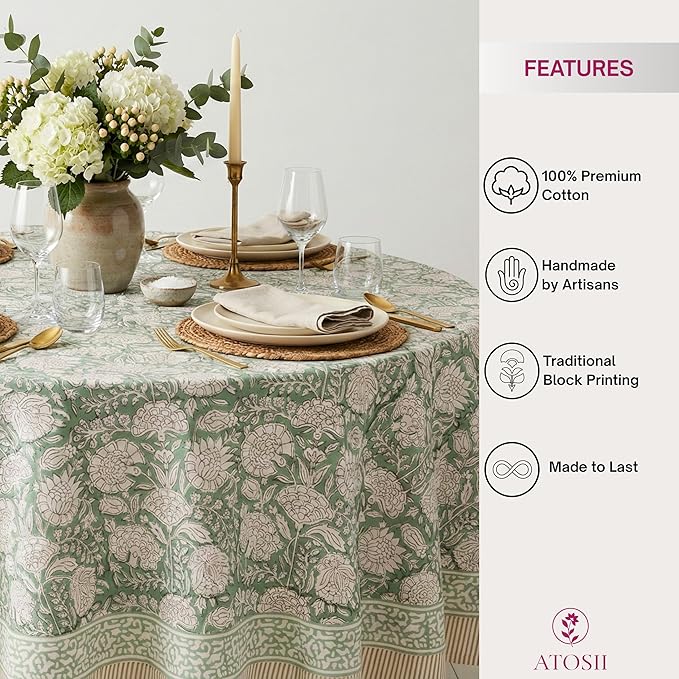ATOSII Jade 100% Cotton Boho Round Tablecloth, Block Print Floral Table Cloth Linen for Dining, Parties, Weddings, Outdoors I Table Decor 72" Inches Diameter I