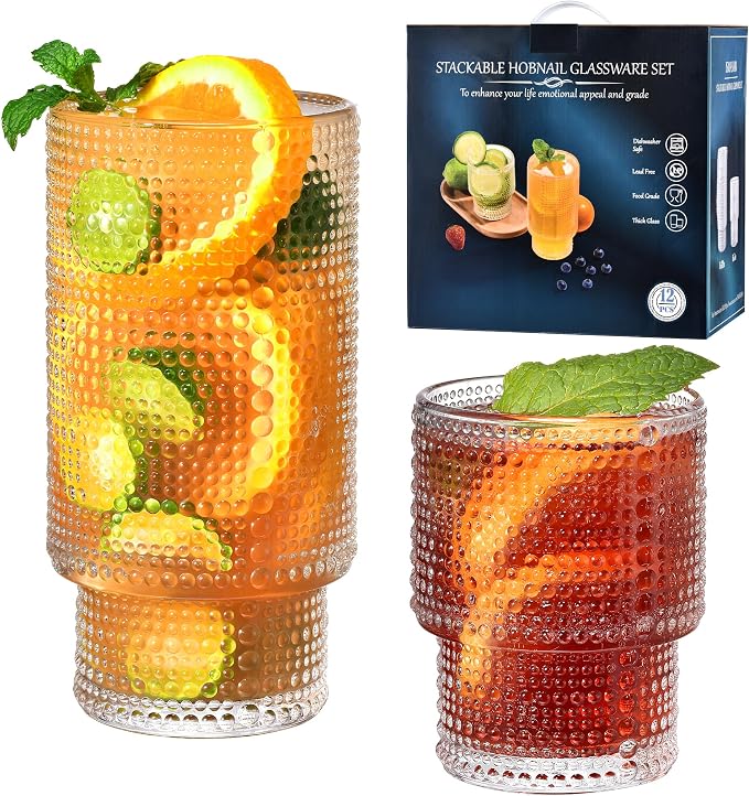 ISMASOAN Hobnail Drinking Glasses Set of 12, Stackable Glasses 12 oz & 7 oz | by ISMASOAN