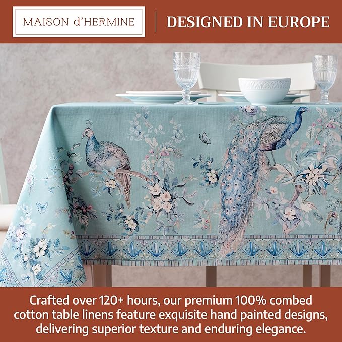 Maison d' Hermine Premium Table Cloth Rectangle Table 100% Combed Cotton 140 x 70 Inches Tablecloth Reusable Decorative for Dining Room Home Party Festive Wedding - Peacock Utopia - Pastel Turquoise