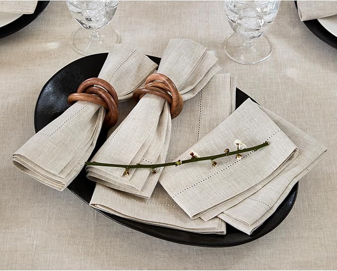 Solino Home Light Natural Linen Napkins Set of 6-100% Pure Linen Hemstitch Dinner Napkins 20 x 20 Inch for Spring, Easter - Classic Hemstitch