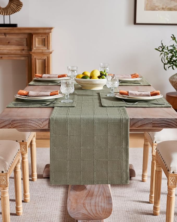 Linen Checked Farmhouse Table Runner, 13x90 Inches Olive | Raised Grid Design - Image 2