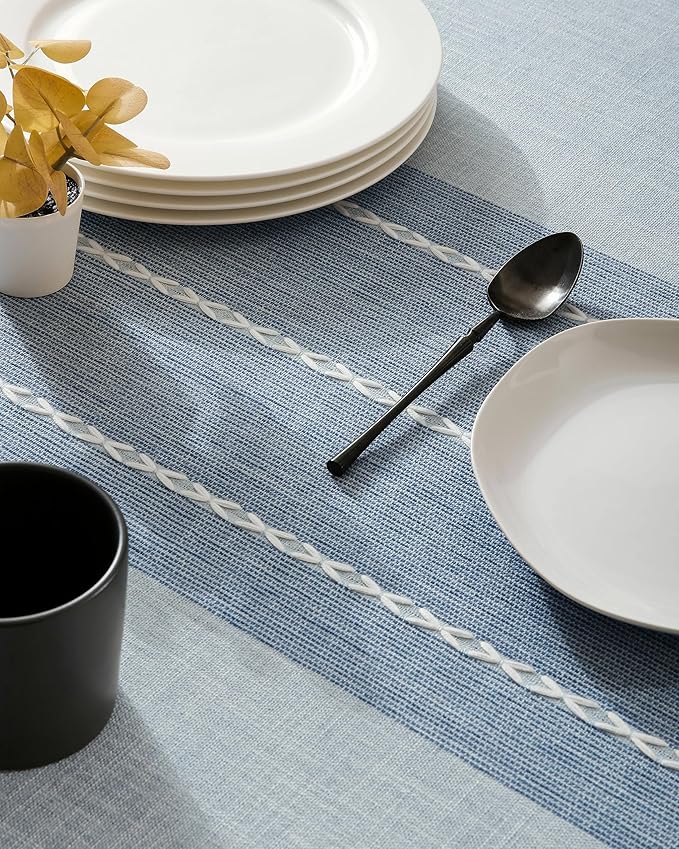 ZeeMart Contrast Linen Table Cloth Rectangle Table Cloths 52x70 Inch Blue, Farmhouse Style Heavy Weight Blue Tablecloth, Water Resistant Burlap Tablecloths