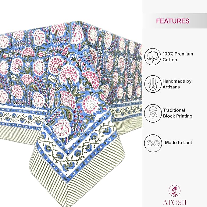 ATOSII Clover Pink 100% Cotton Square Boho Fall Tablecloth, Handblock Floral Table Cloth Linen for Kitchen Dining I Parties Wedding Outdoors Picnic Easter I Home Decor 60 X 60 Inches I 4 Seater
