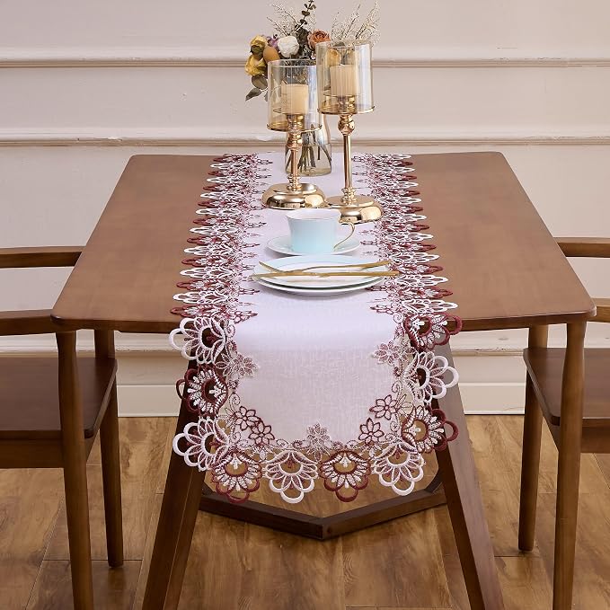 White Burgundy Jacquard Lace Table Runner 72 inches Dresser Scarf | French - Image 3