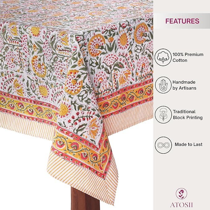 ATOSII Clover Yellow 100% Cotton Rectangle Fall Tablecloth, Handblock Floral Print Linen Table Cloth for Kitchen Dining I Parties, Outdoors, Christmas, Thanksgiving I 72 X 108 Inches I 8 Seater