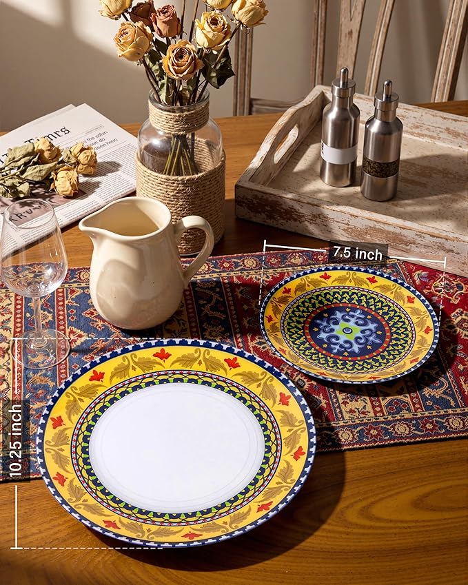Hioasis 60pcs Plastic Disposable Plates Set - Layered Circular Pattern with Red & Yellow Accents, 10.25 Dinner & 7.5 Dessert Plates for Wedding,Anniversary,Party and Holiday