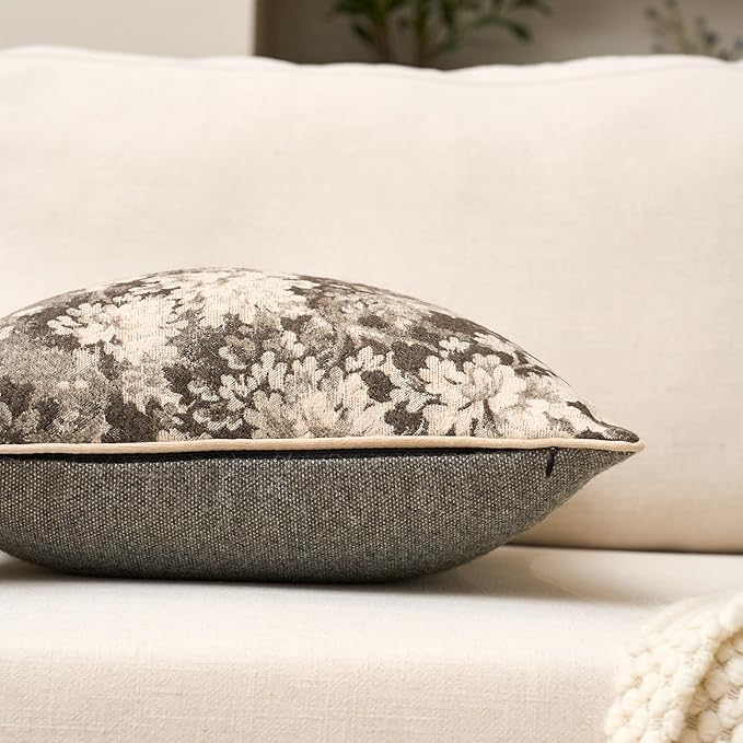 Yangest Neutral Floral Pillow Cover 24 x 24 Inches, Vintage Chenille Square Throw Pillow Cover Soft Decorative Farmhouse Accent Couch Pillow Cover for Living Room Bedroom, Grey