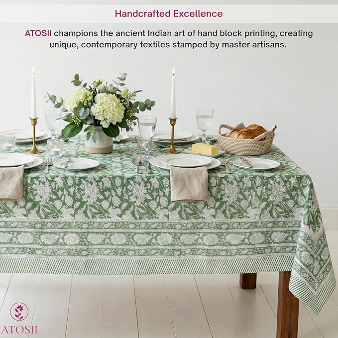 ATOSII Meraki Green 100% Cotton Rectangle Tablecloth, Hand Block Print Washable Table Cover, Dining, Christmas Parties, Outdoors, Weddings, Thanksgiving, Halloween Fall Decor 60 X 108 Inches, 8 Seater