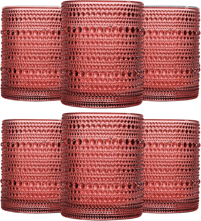 JOVGANK Red Vintage Hobnail Drinking Glasses Set of 6, Embossed Water Tumbler by JOVGANK