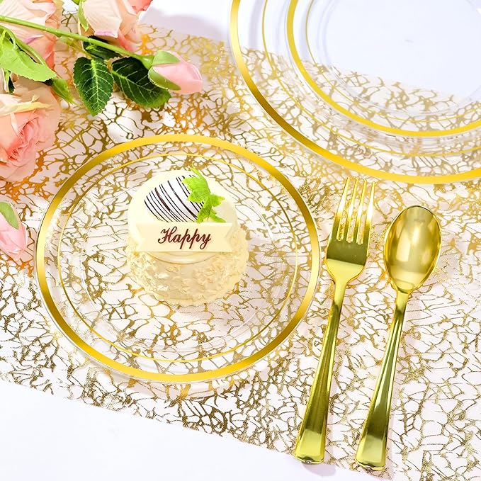 200 PCS Clear Gold Plastic Plates, Gold Rimmed Disposable Party Plates Include 100 Dinner Plate and 100 Dessert Plate Perfect for Party, Holiday, Birthday, Wedding