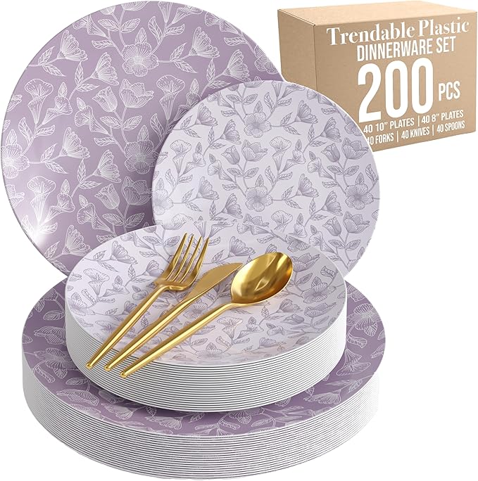 Trendables Fancy Plastic Dinnerware Sets 200 Pc 40 Guests Gold Silverware Disposable 40 X 10 Inch Charger Plates 40 X 8 Inch Dessert Plates 40 x Gold Plastic Forks and Spoons Knives In Blossom Circle