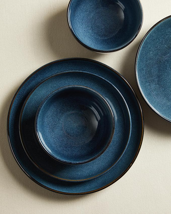 32 Piece Double Bowl Dinnerware Sets with Pasta Bowls, Highly Chip and Crack Resistant Plates and Bowls Sets, Natural Earthyware Ceramic Dishware Sets, Service for 8 Starry Blue