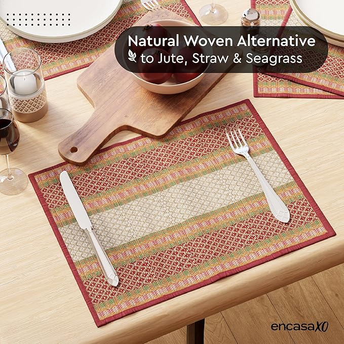 Encasa XO Woven Red Placemats Set of 4 – 12" x 17" | Handwoven Madurkathi Grass Table mats for Dining Table, Kitchen & Outdoor Decor | Durable & Heat‑Resistant