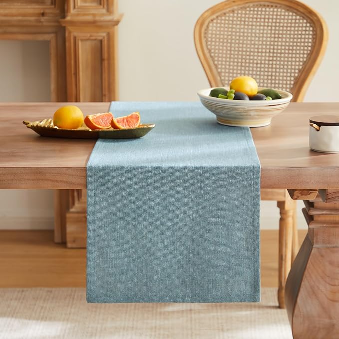 Rustic Cotton Linen Table Runner, 13x108 Inches River Blue | Farmhouse Style - Image 4