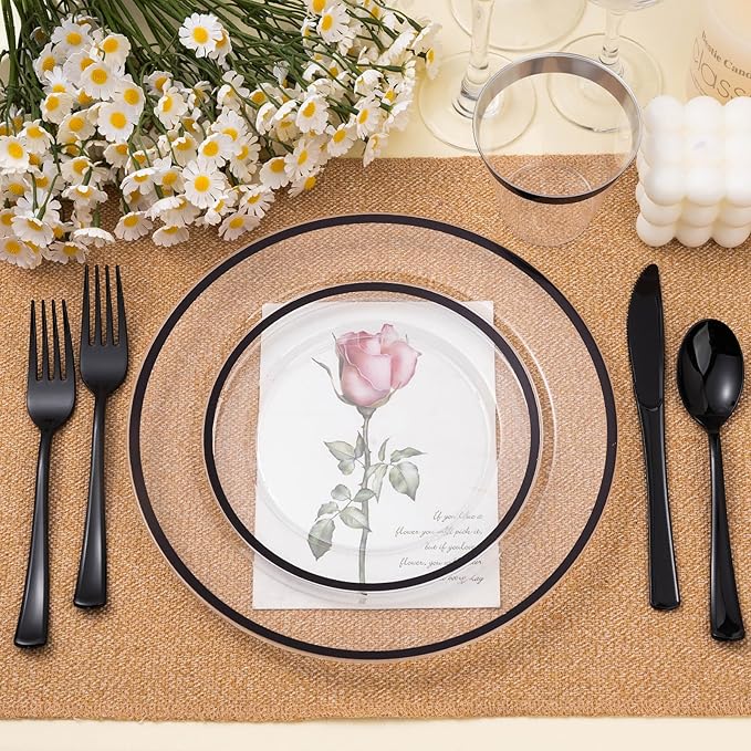 BESTSTAR 100PCS Black and Clear Plastic Plates, Black Disposable Plate Set with 50 Dinner Plates and 50 Dessert Plates for Party, Halloween, New year