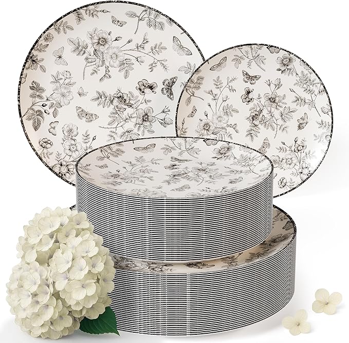 Trendables Disposable Plates For Party Supplies | Black Floral Plastic Plates For Wedding 40 Pcs - 20 X 8 & 20 X 10 Dinner Plate Sets | Floral Plate Set Disposable Plastic Dinnerware Sets