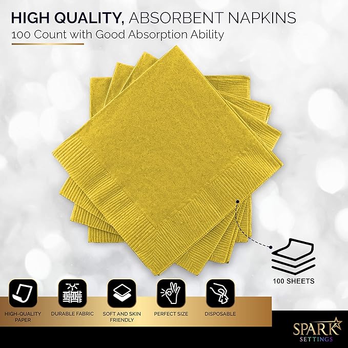 100 Pack Yellow Beverage Napkins, Big Party Pack, 2 Ply, Ideal for Wedding, Party, Birthday, Dinner, Lunch, Cocktails. (5” x 5”) by Amcrate