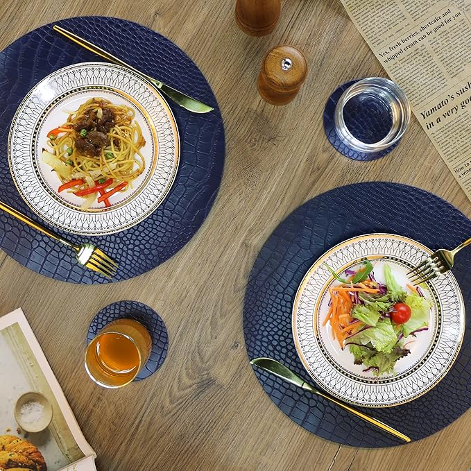 Round Leather Placemats for Round Tables Set of 6, Blue Table Place Mats and Coasters, Washable Easy to Care for Indoor Decor 13" Diameter