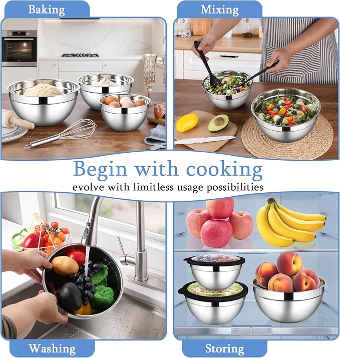 LIANYU Mixing Bowls Sets of 3, Stainless Steel Metal Nesting Mixing Bowl Sets for Kitchen, Large and Small Size 4.6 & 3 & 1.5QT, Include Transparent & Airtight Lids, Dishwasher & Freezer Safe, Black