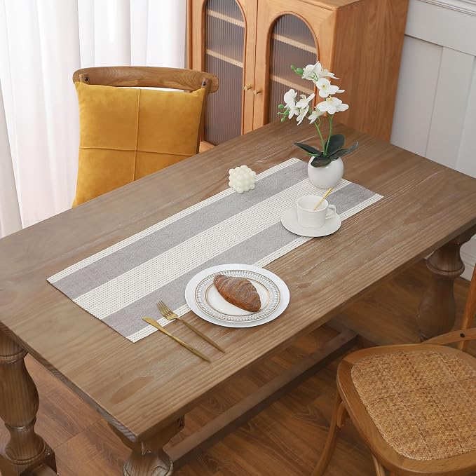 Gernaice Boho Table Runner, Rustic Striped Cotton Linen Farmhouse Table Runners by Gernaice