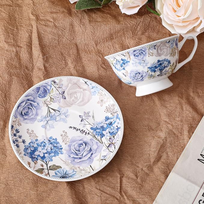 fanquare 6 oz Blue Rose and Hydrangea Porcelain Tea Cup and Saucer Set | - Image 6
